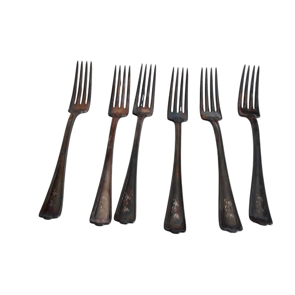 6 c1919 1847 Rogers Bros XS Triple Cromwell Pattern Forms Silver Plate Patina
